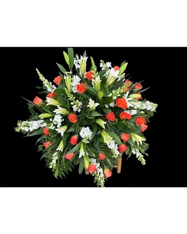 Casket Plaque Roses, Lilies, & Snapdragons Sympathy Arrangement