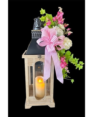 Lantern with Timer Candles and Silk Flowers Flower Arrangement