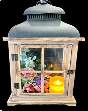 Lantren with Timer Candles and Silk Flowers Flower Arrangement