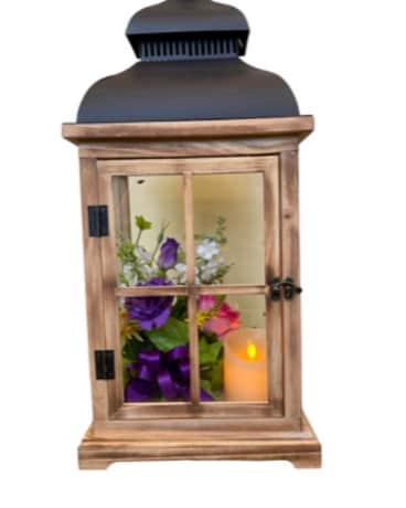 Lantern with Timer Candles and Silk Flowers Flower Arrangement