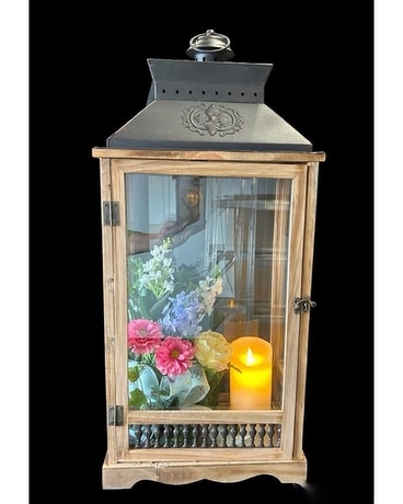 Lantern with Timer Candles and Silk Flower Arrangement