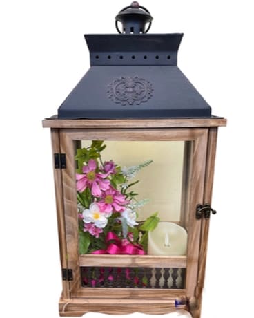 Lantern with Timer Candles and Silk Flowers Flower Arrangement