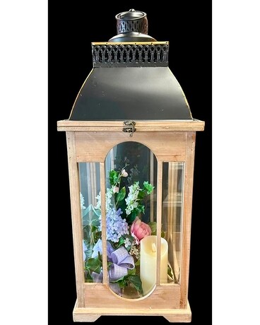 Lantern with Timer Candles & Silk Flowers Flower Arrangement