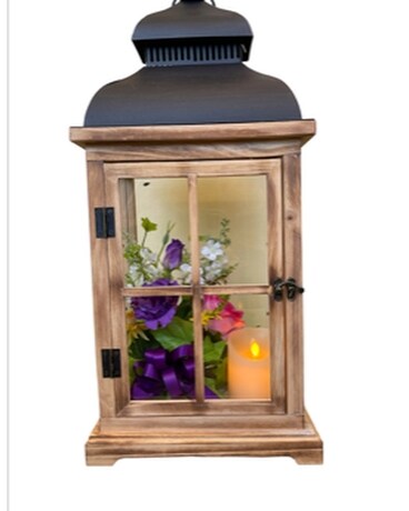 Lantern with Timer Candles and Silk Flowers Flower Arrangement