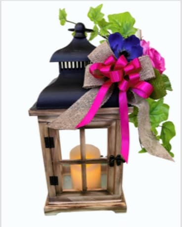 Lantern with Timer Candles and Silk Flowers Flower Arrangement