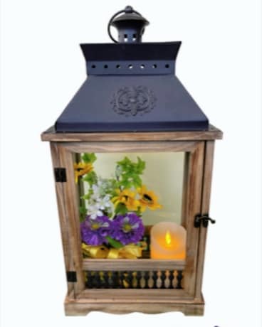 Lantern with Timer Candles and Silk Flowers Flower Arrangement