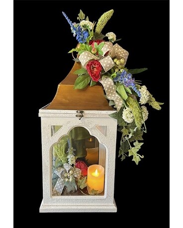 Lantern with Timer Candle, Silk Flowers & Ivy Flower Arrangement