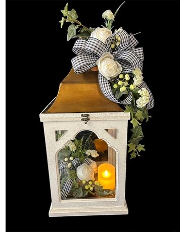 Lantern with Silk Flowers Timer Candles Flower Arrangement