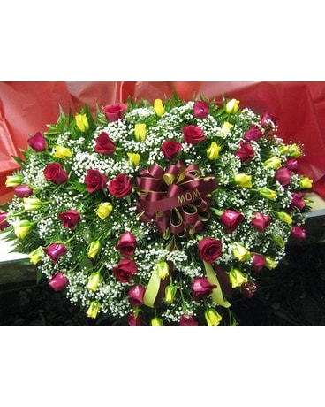 Yellow & Red Rose Babies Breath Casket Plaques Flower Arrangement