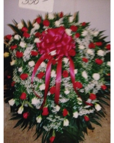 Red & White Rose & Babies Breath Casket Plaque Flower Arrangement