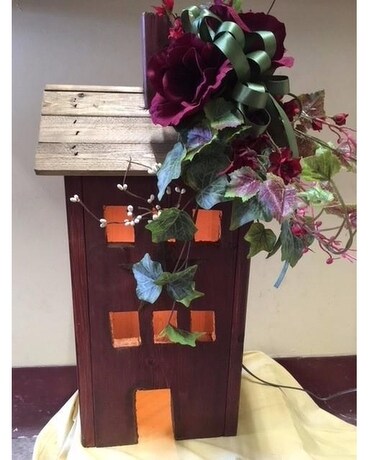 Lighted Wooden House With Silk Flowers & Ivy Flower Arrangement