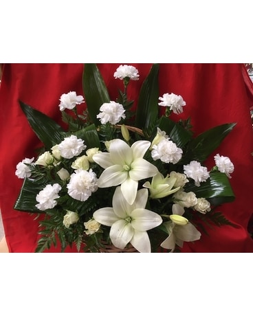 Sympathy Bouquet in Wicker Basket Flower Arrangement