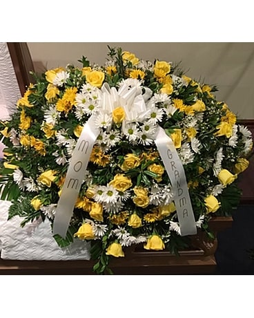 Yellow Roses, White & Yellow Daisies Casket Plaque Flower Arrangement