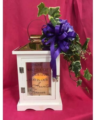 Lantern w/ timer candle, verse, silk flowers, ivy Flower Arrangement