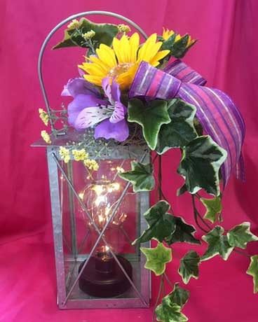 Lantern with Edison Lightbulb & Silk Flowers Flower Arrangement