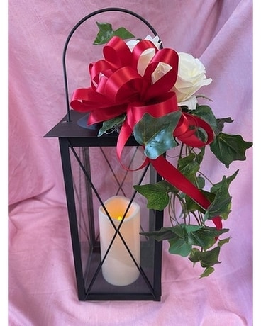 Lantern with Timer Candles and Silk Flowers Flower Arrangement
