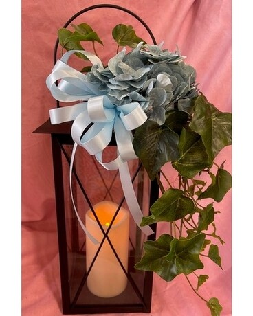 Lantern with Timer Candle and Silk Flowers and Ivy Flower Arrangement