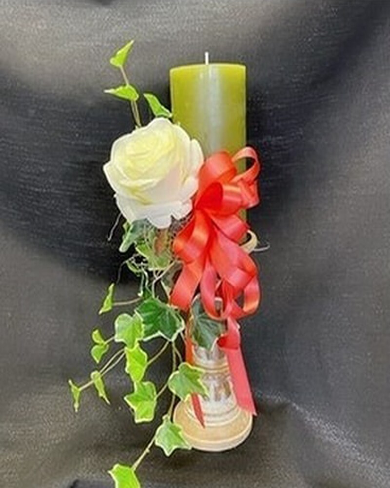 CANDLESTICK WITH SILK FLOWERS & TRAILING IVY Flower Arrangement