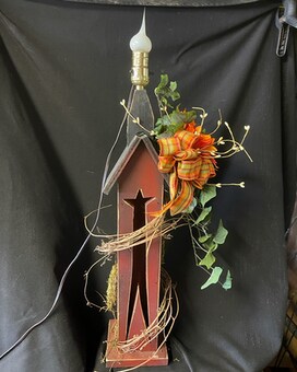 Primitive Lighted Houes With Silk Flowers & Ivy Flower Arrangement